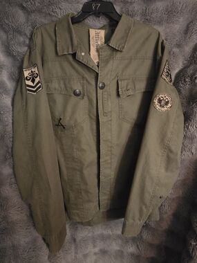 Affliction Military Jacket XXL Olive Distressed Skull Patch Field Coat Biker Y2K